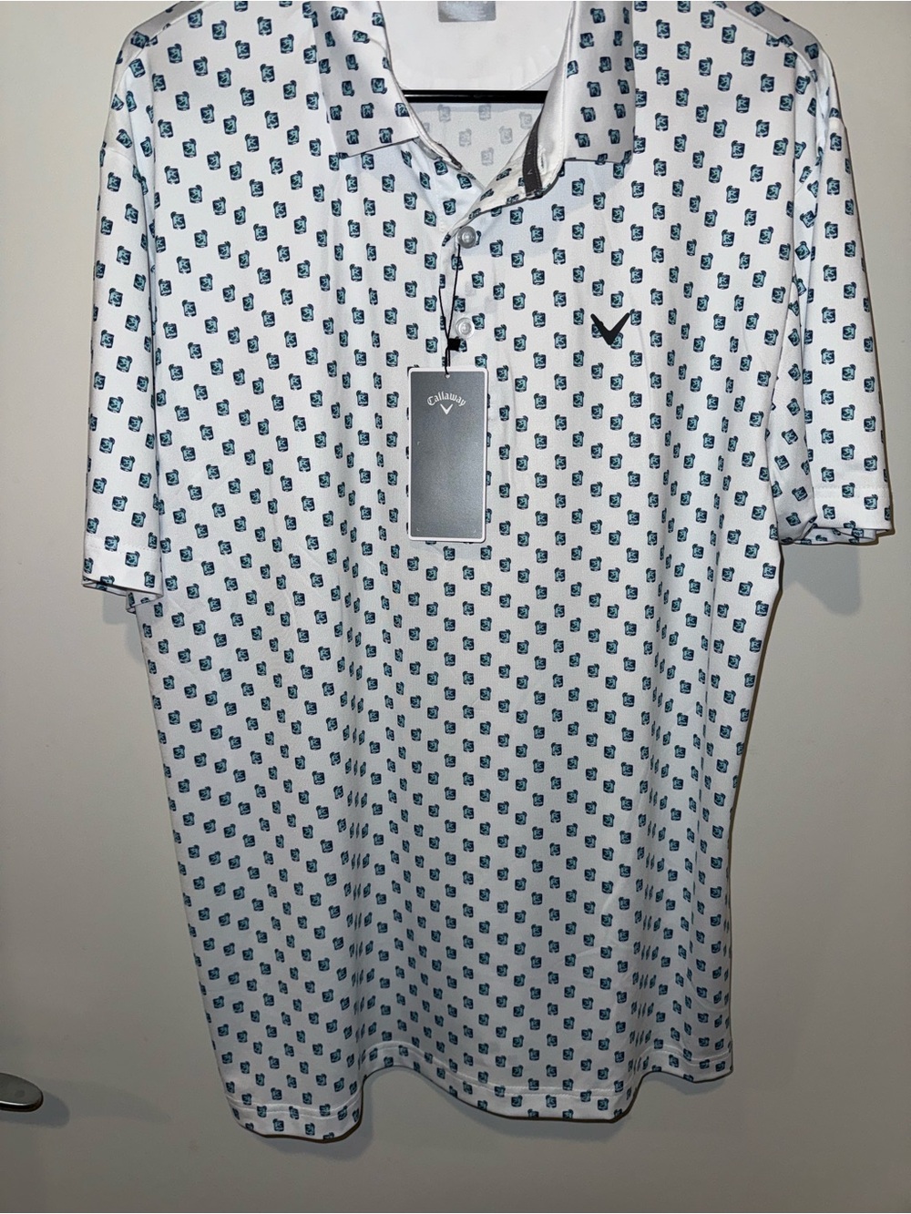 Callaway White Polo with Navy Geometric Micro Print